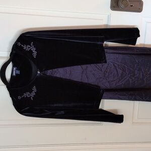 Blue satin dress with blue velvet sweater
